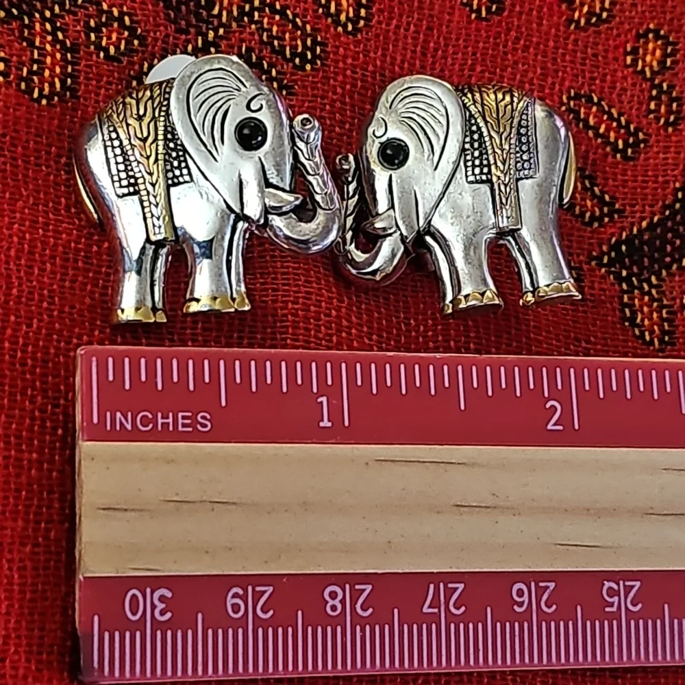 Silver and Gold-tone Clip-on Elephant Earrings - Picture 6 of 6
